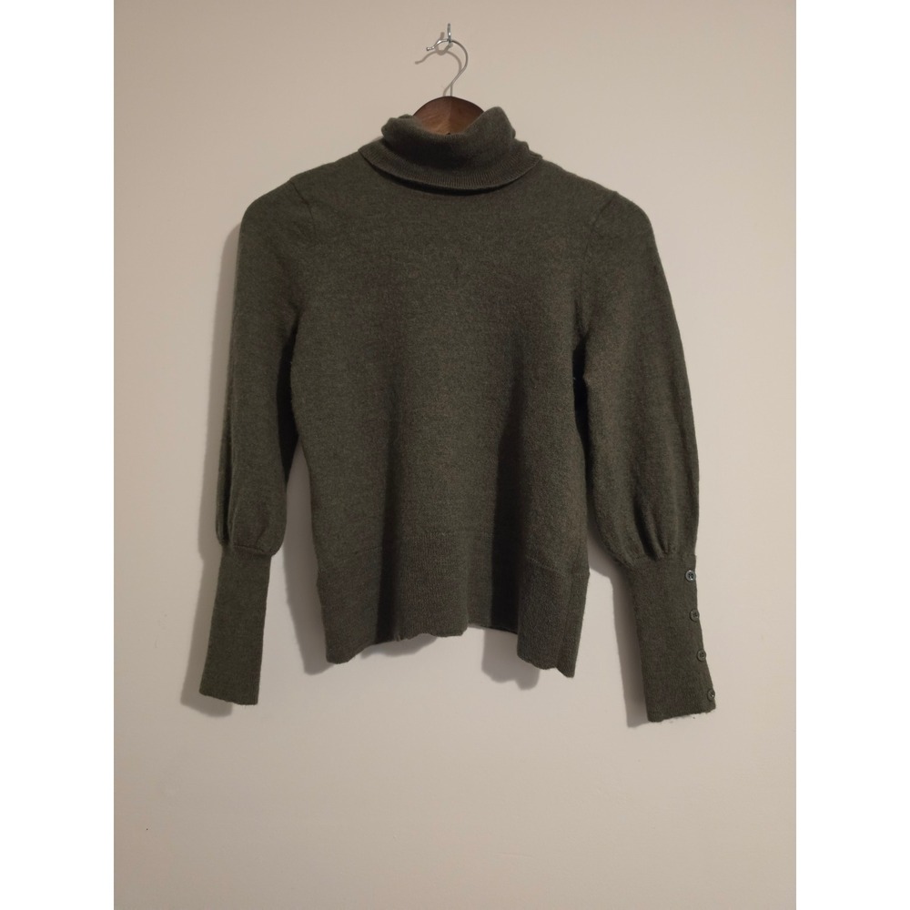 Carole Little Sweater Womens L Green Merino Wool Turtleneck Puff Sleeve Vintage